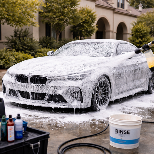 Image of a car being snow foam washed