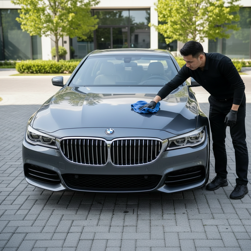 Professional detailer in black polishing the bonnet of a gleaming luxury car outdoors