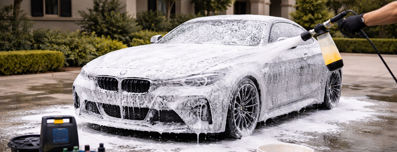 BMW being snow foam washed